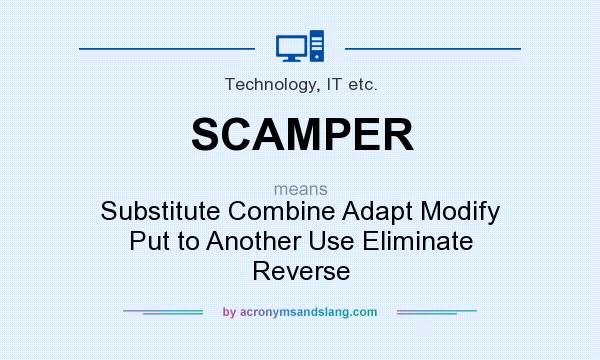 What does SCAMPER mean? It stands for Substitute Combine Adapt Modify Put to Another Use Eliminate Reverse