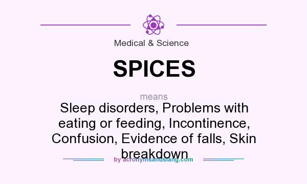 What does SPICES mean? It stands for Sleep disorders, Problems with eating or feeding, Incontinence, Confusion, Evidence of falls, Skin breakdown
