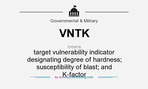 What does VNTK mean? It stands for target vulnerability indicator designating degree of hardness; susceptibility of blast; and K-factor