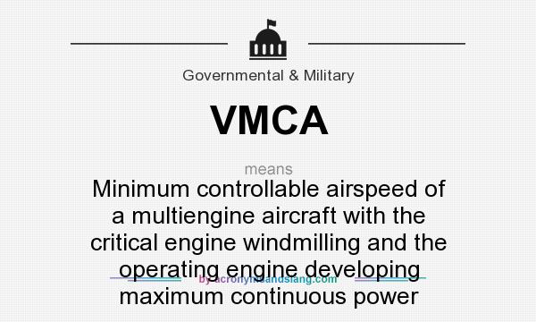 What does VMCA mean? It stands for Minimum controllable airspeed of a multiengine aircraft with the critical engine windmilling and the operating engine developing maximum continuous power