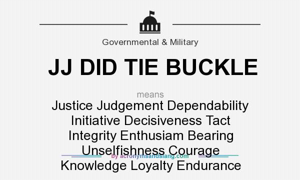 What does JJ DID TIE BUCKLE mean? It stands for Justice Judgement Dependability Initiative Decisiveness Tact Integrity Enthusiam Bearing Unselfishness Courage Knowledge Loyalty Endurance