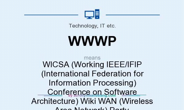 What does WWWP mean? It stands for WICSA (Working IEEE/IFIP (International Federation for Information Processing) Conference on Software Architecture) Wiki WAN (Wireless Area Network) Party