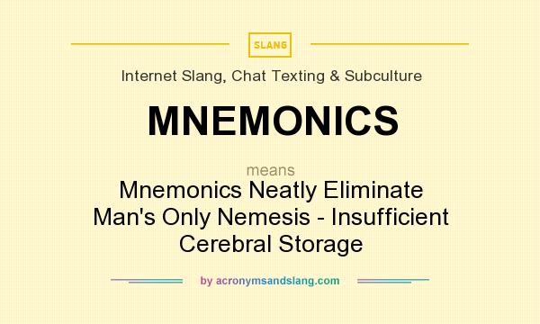 What does MNEMONICS mean? It stands for Mnemonics Neatly Eliminate Man`s Only Nemesis - Insufficient Cerebral Storage
