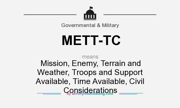 What does METT-TC mean? It stands for Mission, Enemy, Terrain and Weather, Troops and Support Available, Time Available, Civil Considerations