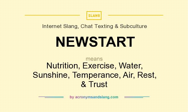 What does NEWSTART mean? It stands for Nutrition, Exercise, Water, Sunshine, Temperance, Air, Rest, & Trust