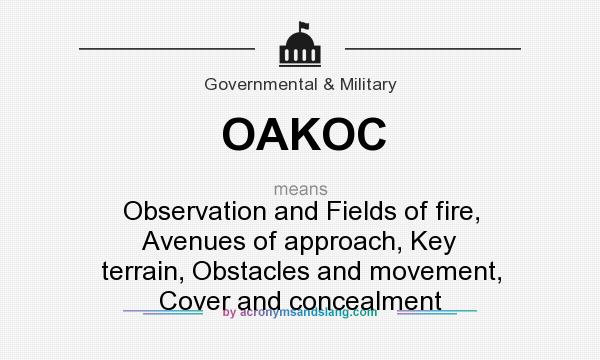 What does OAKOC mean? It stands for Observation and Fields of fire, Avenues of approach, Key terrain, Obstacles and movement, Cover and concealment