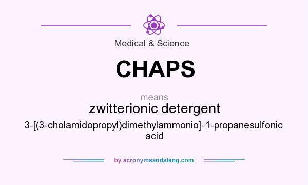 What does CHAPS mean? It stands for zwitterionic detergent 3-[(3-cholamidopropyl)dimethylammonio]-1-propanesulfonic acid