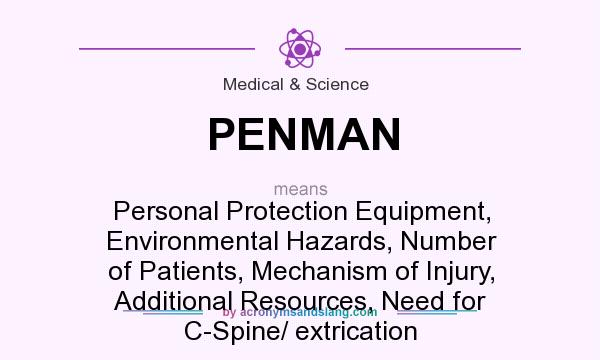 What does PENMAN mean? It stands for Personal Protection Equipment, Environmental Hazards, Number of Patients, Mechanism of Injury, Additional Resources, Need for C-Spine/ extrication