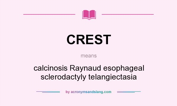 What does CREST mean? It stands for calcinosis Raynaud esophageal sclerodactyly telangiectasia