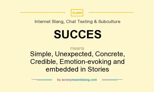 What does SUCCES mean? It stands for Simple, Unexpected, Concrete, Credible, Emotion-evoking and embedded in Stories