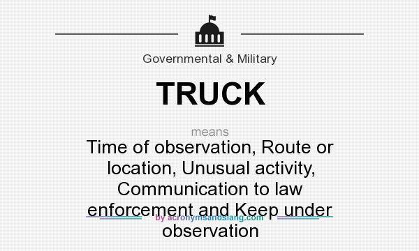 What does TRUCK mean? It stands for Time of observation, Route or location, Unusual activity, Communication to law enforcement and Keep under observation
