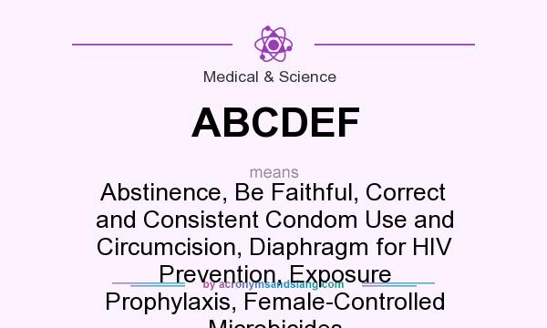 What does ABCDEF mean? It stands for Abstinence, Be Faithful, Correct and Consistent Condom Use and Circumcision, Diaphragm for HIV Prevention, Exposure Prophylaxis, Female-Controlled Microbicides