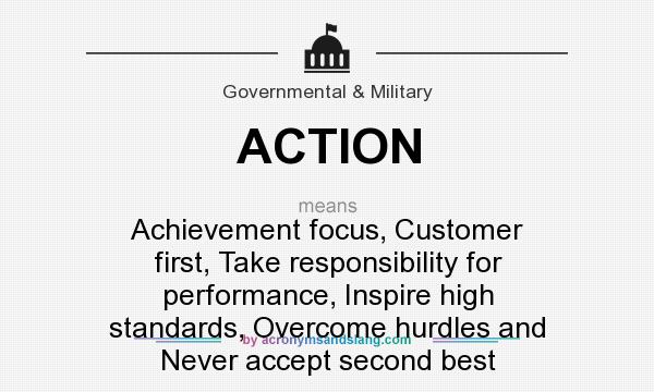 What does ACTION mean? It stands for Achievement focus, Customer first, Take responsibility for performance, Inspire high standards, Overcome hurdles and Never accept second best