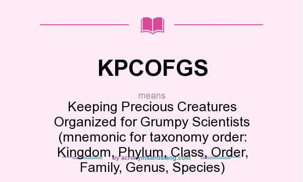 What does KPCOFGS mean? It stands for Keeping Precious Creatures Organized for Grumpy Scientists (mnemonic for taxonomy order: Kingdom, Phylum, Class, Order, Family, Genus, Species)