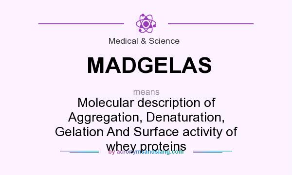 What does MADGELAS mean? It stands for Molecular description of Aggregation, Denaturation, Gelation And Surface activity of whey proteins