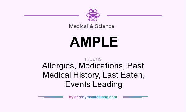 What does AMPLE mean? It stands for Allergies, Medications, Past Medical History, Last Eaten, Events Leading